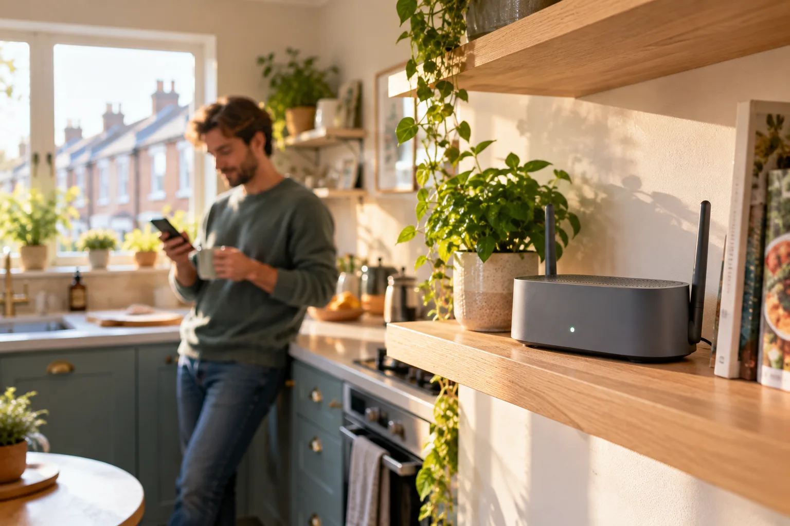Man leaning on a kitchen counter with a mug, looking at his phone, with a grey broadband router showing a steady light on a wooden shelf in the foreground
